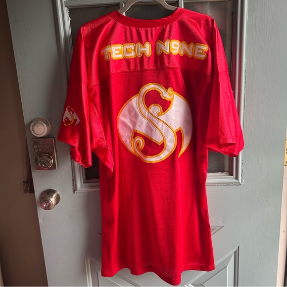 Vintage Tech N9ne Chiefs Football Jersey Strange Music Red & Yellow #9 v1 Men XL - Picture 4 of 11
